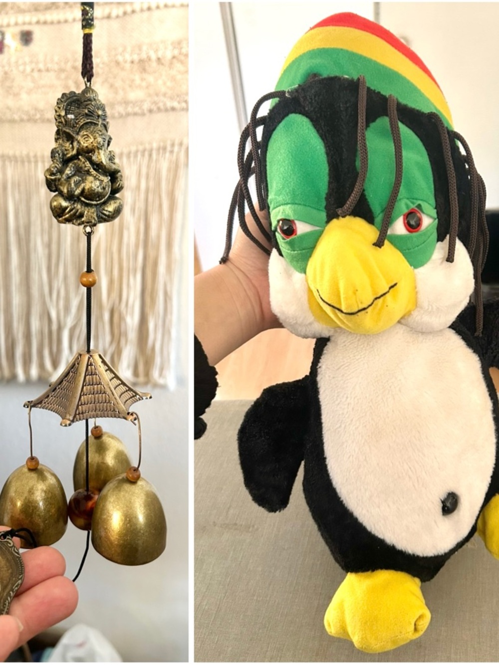 Stuffed Penguin Rasta Reggae Stoner Green Eyes Plush With Elephant Wind Chime